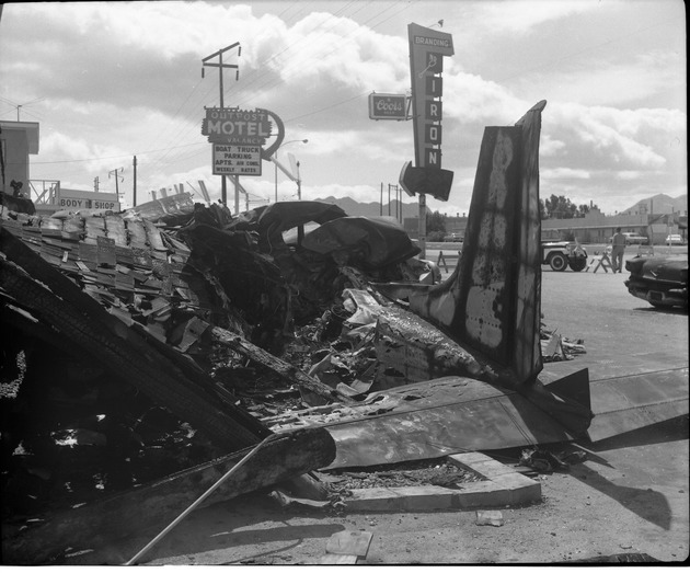 Photograph of a plane crash at Branding Iron Bar and Casino, Henderson, April 10, 1965