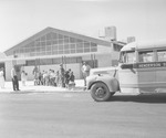 Photograph of a school bus outside school, Henderson, October 1955