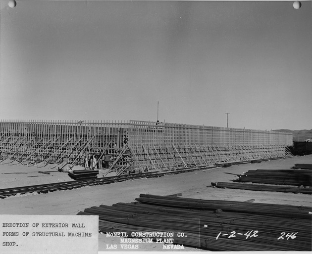 Photograph of a structural machine shop under construction at Basic Magnesium, Inc.