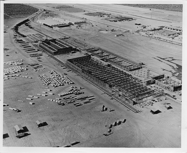 Aerial photograph of workshops and stores under construction