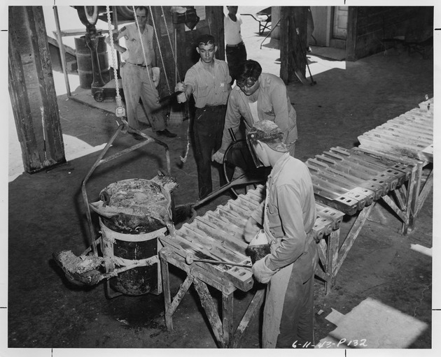 Photograph of ingot pouring at Basic Magnesium, Inc.