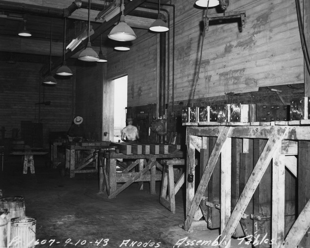 Photograph of anode assembly tables at Basic Magnesium, Inc.