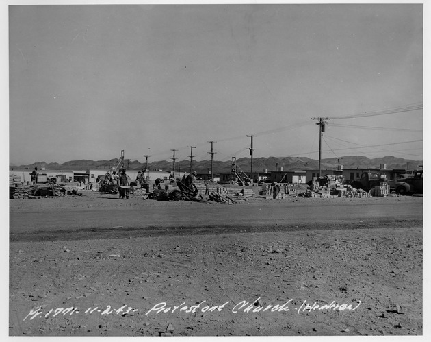 Photograph of a Protestant church under construction at the Basic Magnesium, Inc. townsite