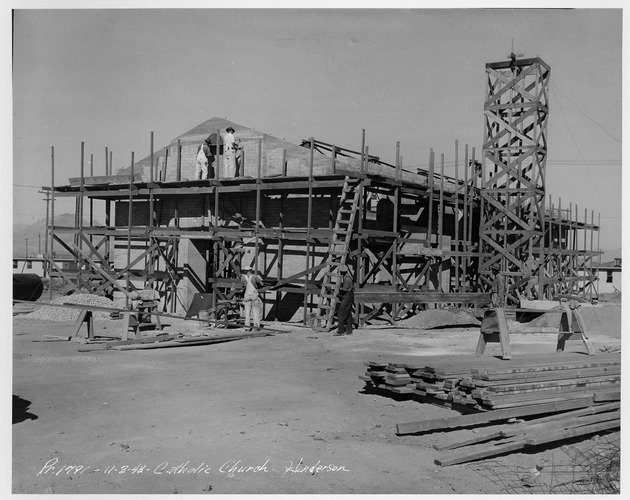 Photograph of a Catholic church under construction at the Basic Magnesium, Inc. townsite