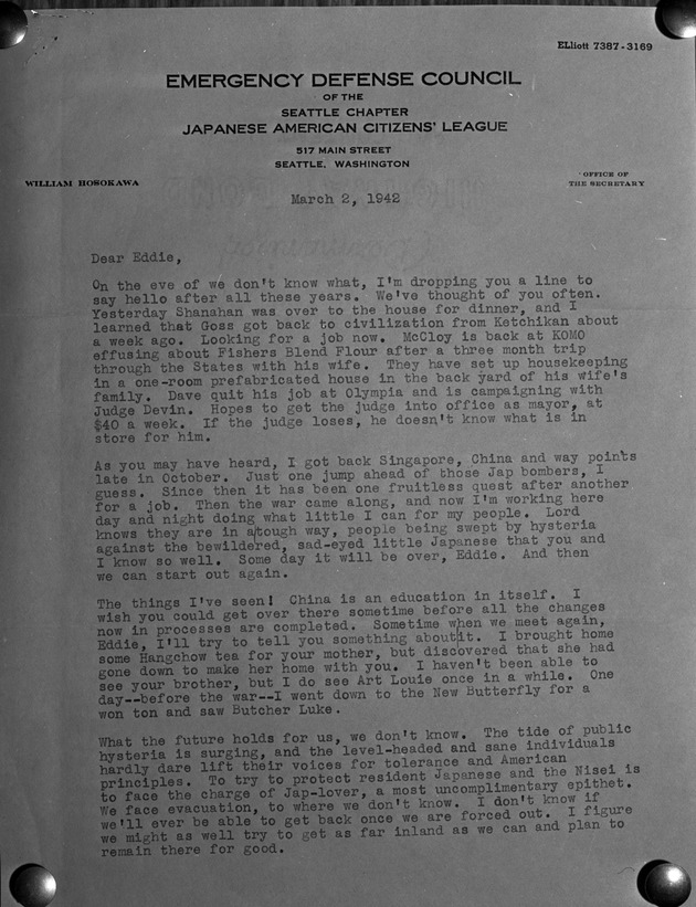 Photograph of a letter from William Hosokawa to Eddie - Page 1