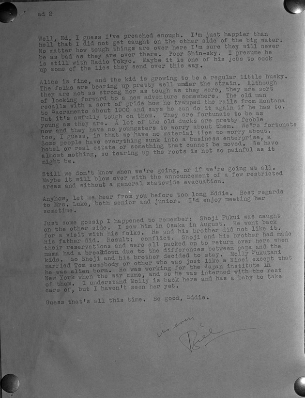 Photograph of a letter from William Hosokawa to Eddie - Page 2