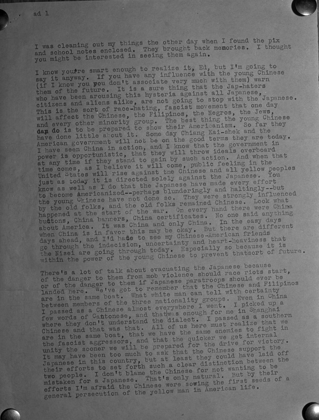 Photograph of a letter from William Hosokawa to Eddie - Page 3