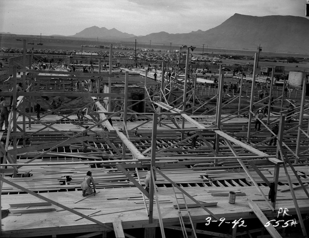 Photograph of the Basic Magnesium, Inc. administration building undergoing reconstruction