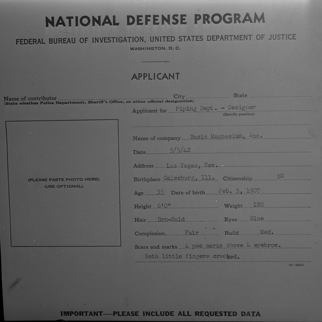 Photograph of a National Defense Program/Basic Magnesium, Inc. application