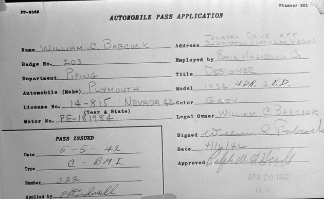 Photograph of an automobile pass application at Basic Magnesium, Inc.