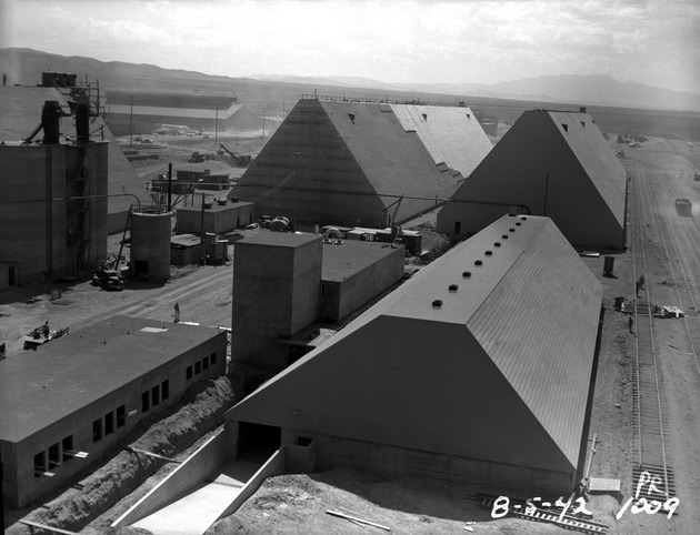 Photograph of salt and peat storage buildings at Basic Magnesium, Inc.