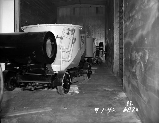 Photograph of hot metal ladles and trailers at Basic Magnesium, Inc.