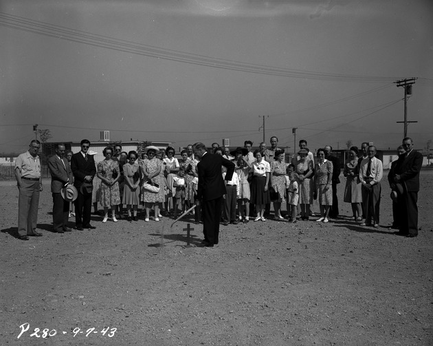 Photograph of a ground breaking for the Community Church at the Basic Magnesium, Inc. townsite