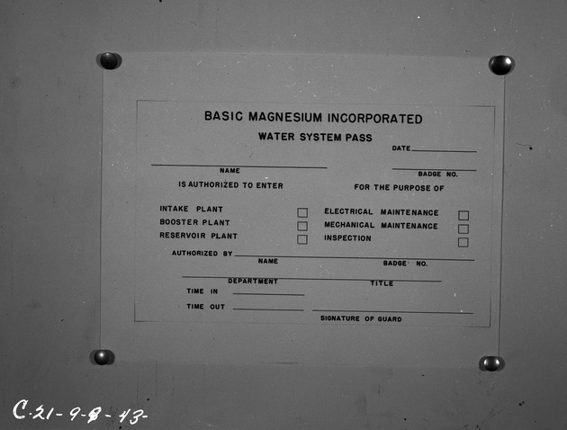 Photograph of the Basic Magnesium, Inc. water system pass