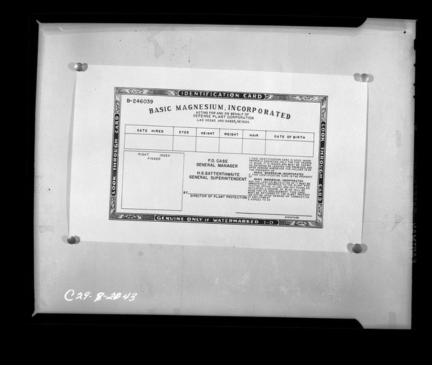 Photograph of a Basic Magnesium, Inc.identification card