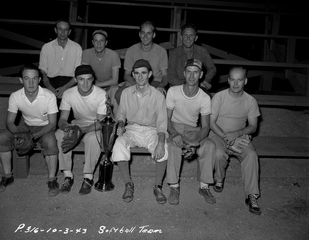Photograph of a softball team and trophy at Basic Magnesium, Inc.