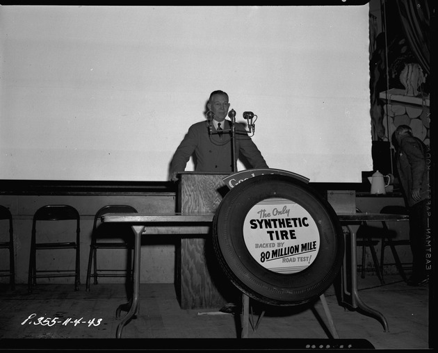 Photograph of J.E. Wasksmuth talks about rubber at Basic Magnesium, Inc.
