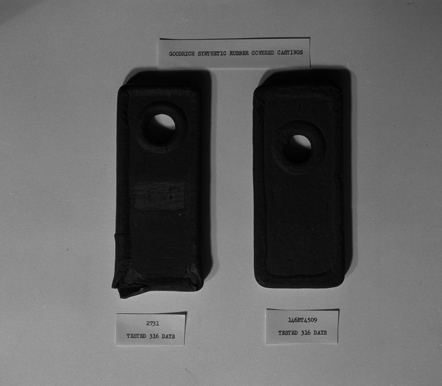 Photograph of synthetic rubber-covered castings at Basic Magnesium, Inc.