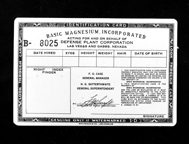 Photograph of a Basic Magnesium, Inc. identification card