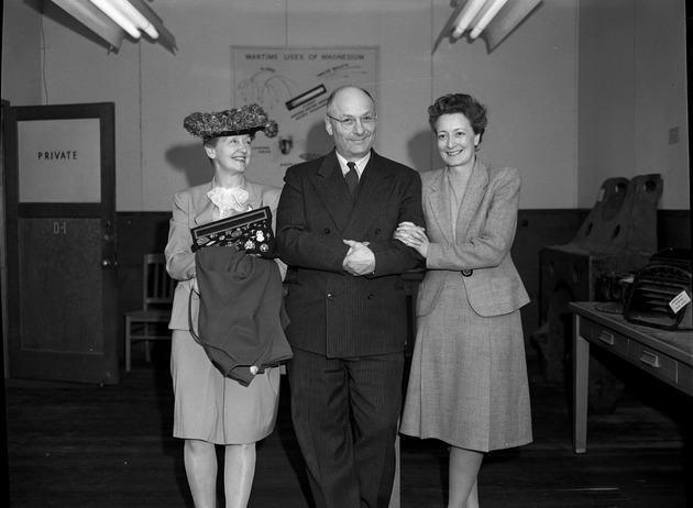 Photograph of Hedda Hopper, F.O. Case, and Ruth Lusch at Basic Magnesium, Inc.