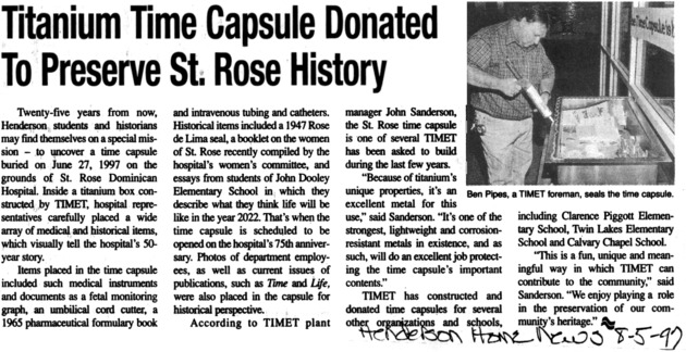Newspaper article about the St. Rose Dominican Hospitals time capsule, August 5, 1997