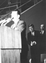 Photograph of President John F. Kennedy applauds the speaker at the Las Vegas Convention Center, September 28, 1963