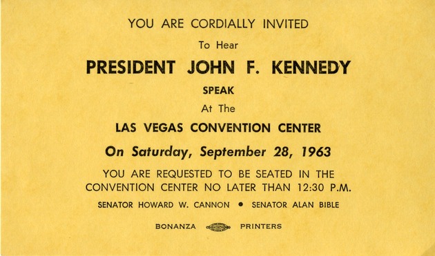 Invitation to hear President John F. Kennedy speak at the Las Vegas Convention Center, September 28, 1963