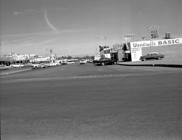 Photograph of Market Street businesses in downtown Henderson, May 1, 1964