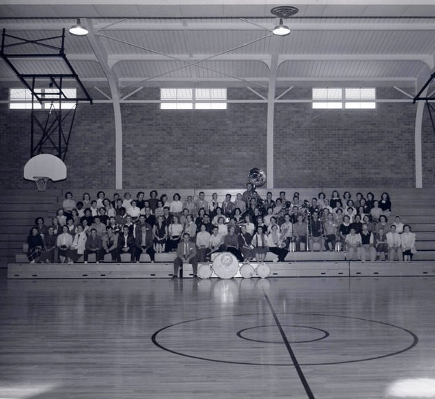 Photograph of the Basic High School marching band, Henderson, December 1954