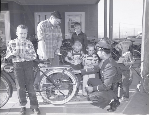 Photograph of a bicycle safety event, Henderson, February 6, 1954