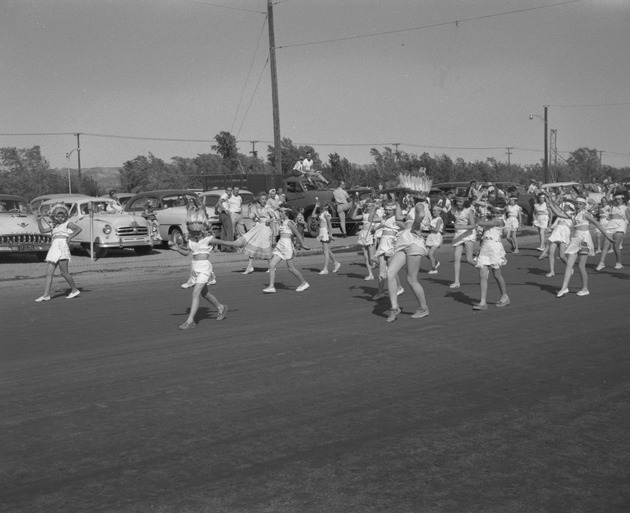 Photograph of baton twirlers in the Industrial Days parade, Henderson, May 7, 1955