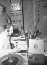 Photograph of a radio station recording booth, Henderson, 1954