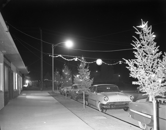 Photograph of Army Street decorated for the holidays, Henderson, December 1955