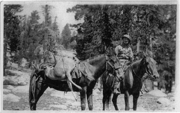 Paul E. Zink on horseback, deer carcass slung over the second horse.